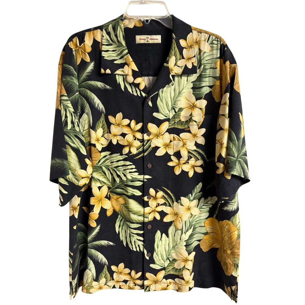 Tommy Bahama Mens XL Silk Floral Palm Camp Shirt Black Yellow Tropical Button Up